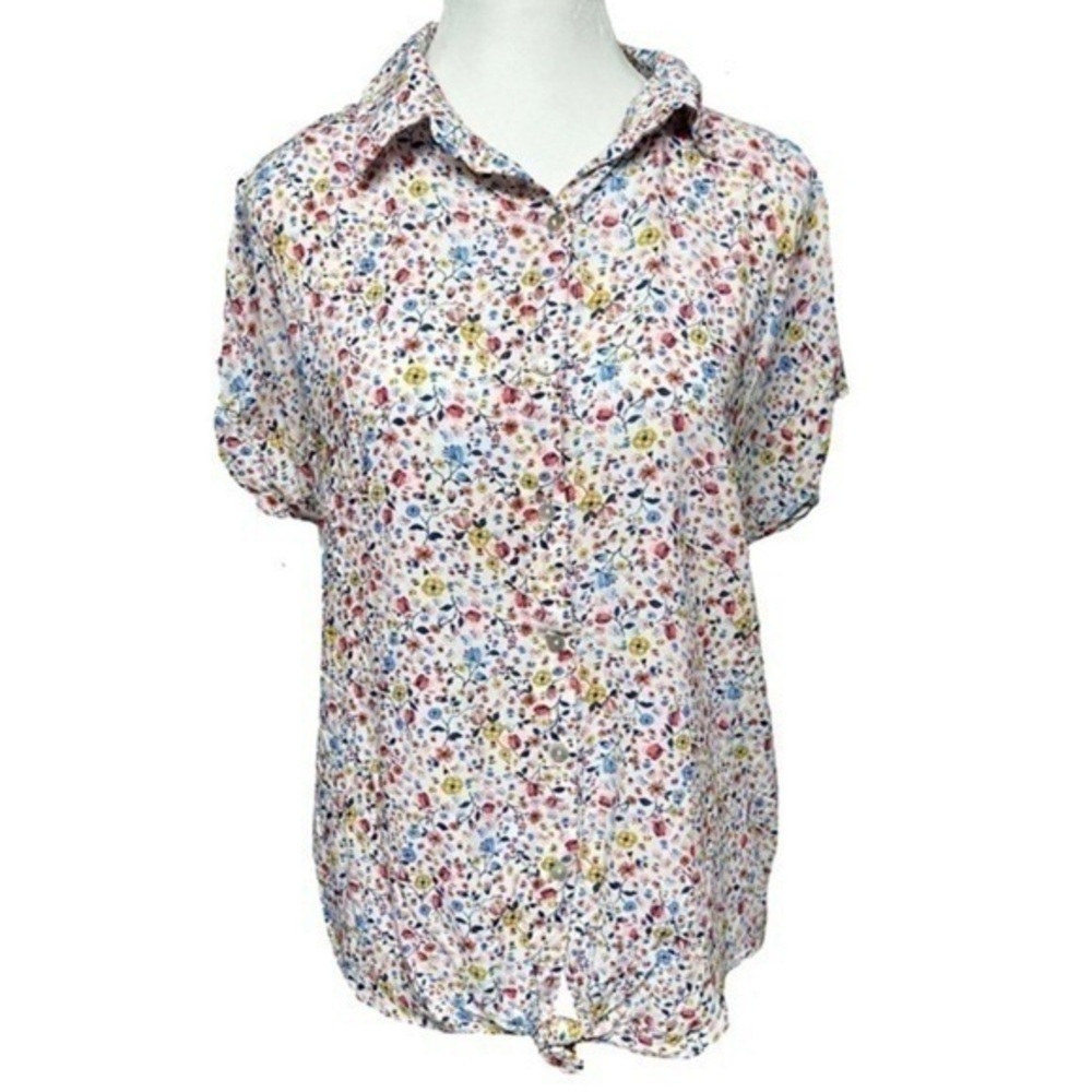 Jane Delancey Ditsy Floral Print Tie Front Short Sleeve Button Up Blouse Boho M